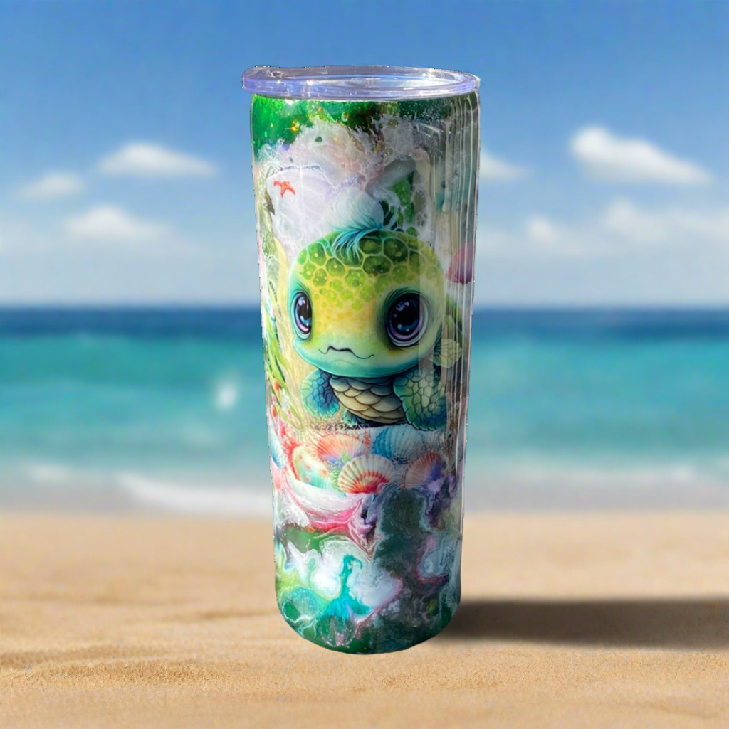 Custom Painted Mohawk Turtle Stainless Skinny Tumbler w/Sliding Lid and Straw- 20 Oz