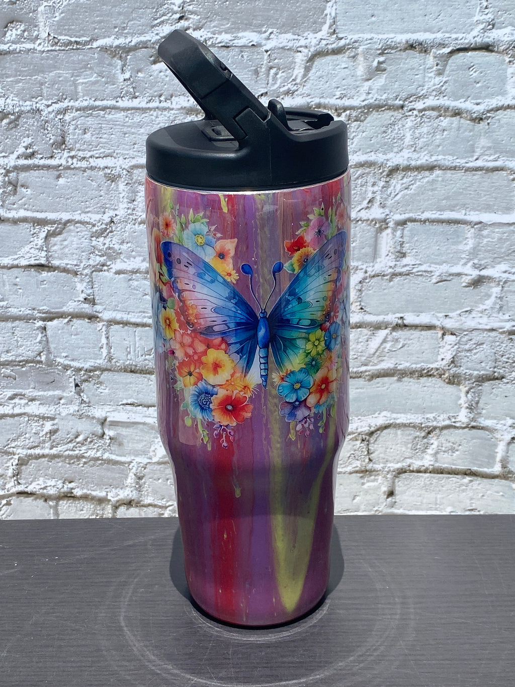 Hand Painted Blue Orange Butterfly Stainless Clip Mate Hydro Bottle w/Lid and Straw- 30 Oz