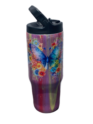 Hand Painted Blue Orange Butterfly Stainless Clip Mate Hydro Bottle w/Lid and Straw- 30 Oz