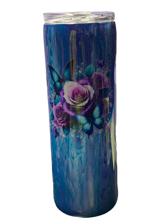 Custom Painted Purple Floral Stainless Skinny Tumbler w/Sliding Lid and Straw- 20 Oz