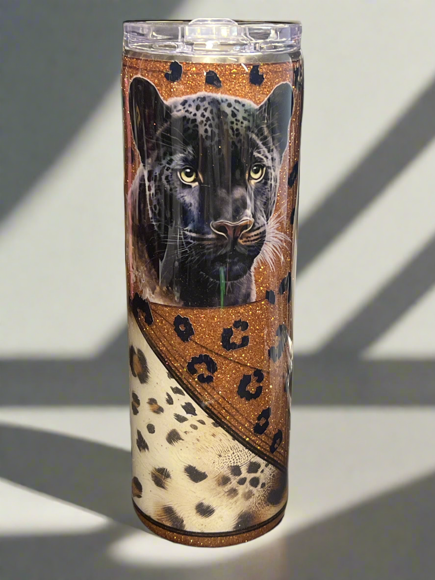 Custom Painted Copper Panther Stainless Tumbler w/Sliding Lid and Straw- 30 Oz