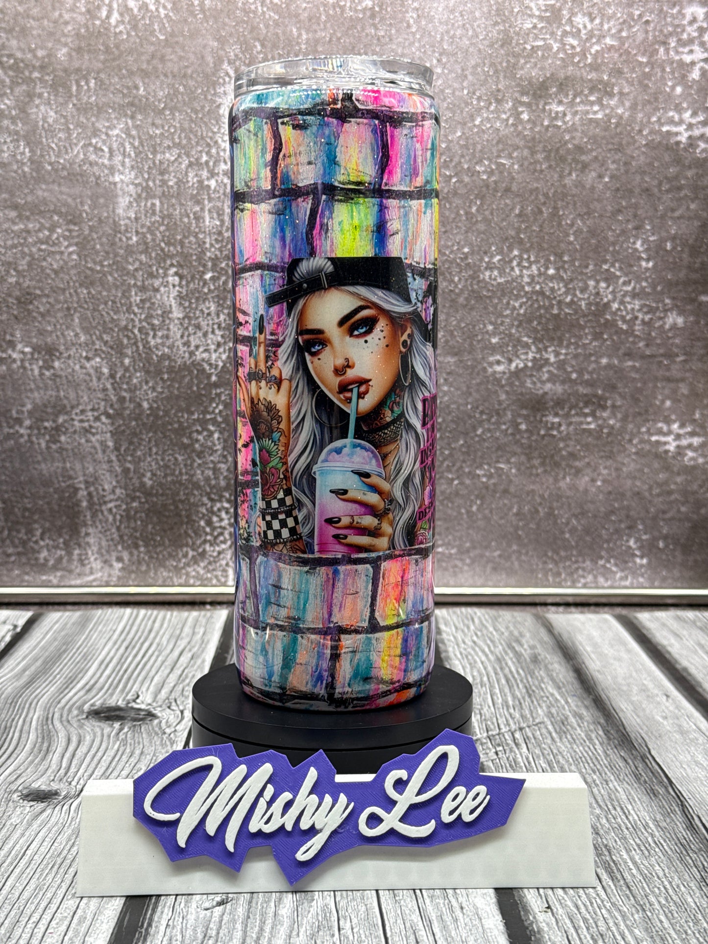 Custom Painted Neon B*tch Stainless Skinny Tumbler w/Sliding Lid and Straw- 30 Oz