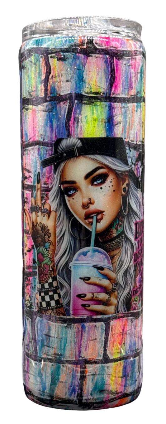 Custom Painted Neon B*tch Stainless Skinny Tumbler w/Sliding Lid and Straw- 30 Oz