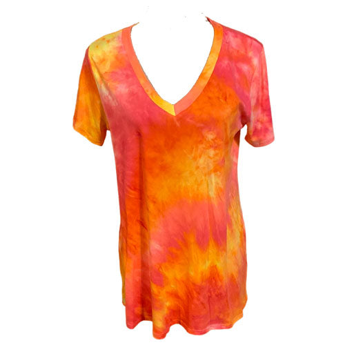 SHORT SLEEVE V NECK BRIGHT TIE DYE PRINT TOP Pink/Orange