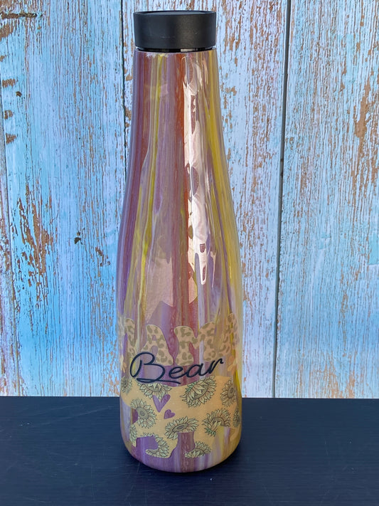 Hand Painted Yellow Purple Swirl Bear Stainless Push Top Bottle - 30 Oz