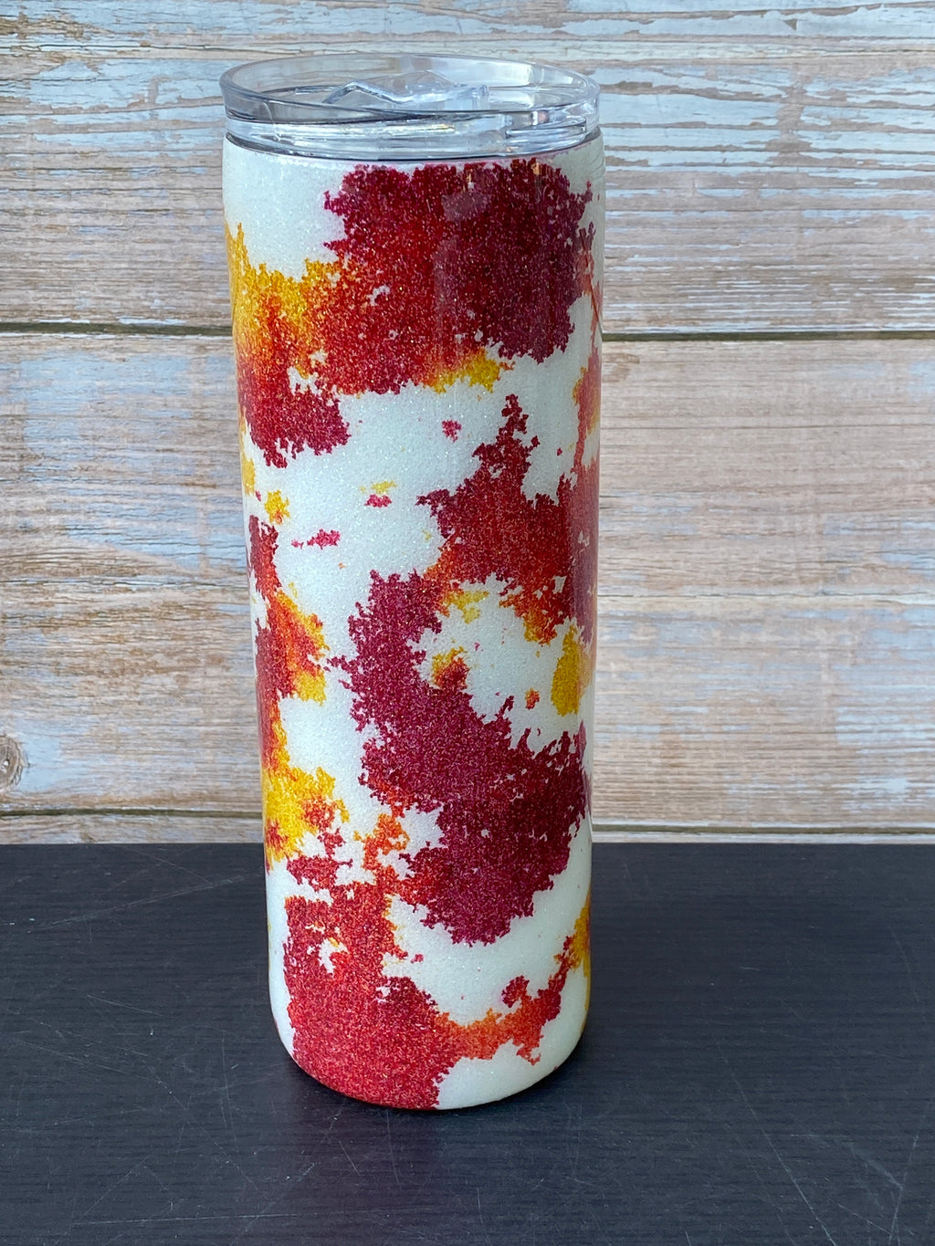Custom Painted Red Yellow Mix Swirl Cow Stainless Skinny Tumbler w/Sliding Lid and Straw- 20 Oz