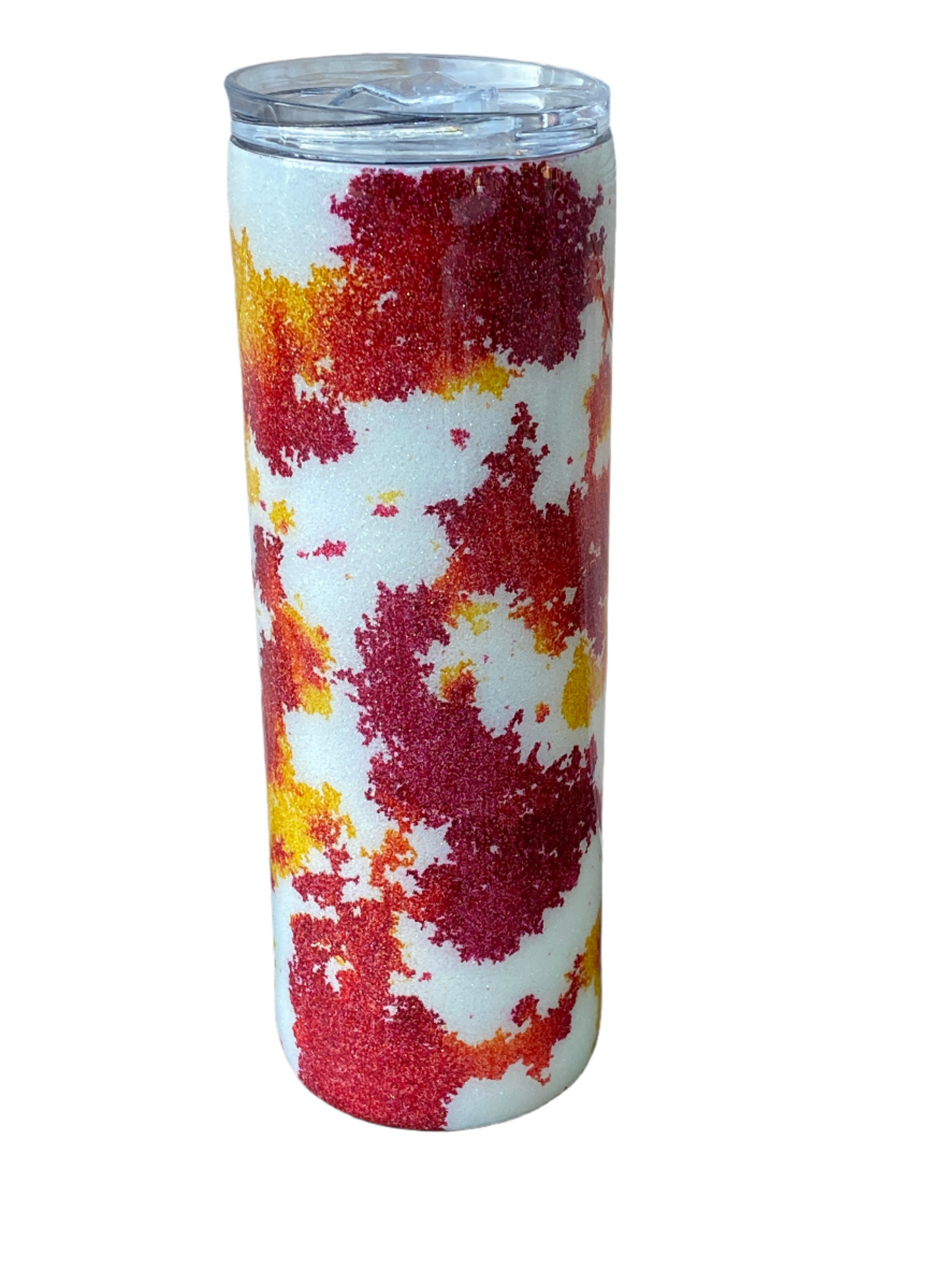 Custom Painted Red Yellow Mix Swirl Cow Stainless Skinny Tumbler w/Sliding Lid and Straw- 20 Oz