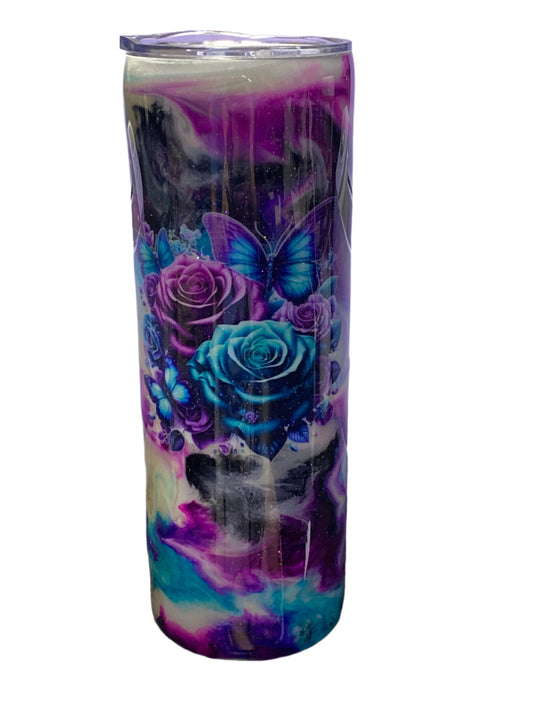 Custom Painted Purple Floral Stainless Skinny Tumbler w/Sliding Lid and Straw- 20 Oz