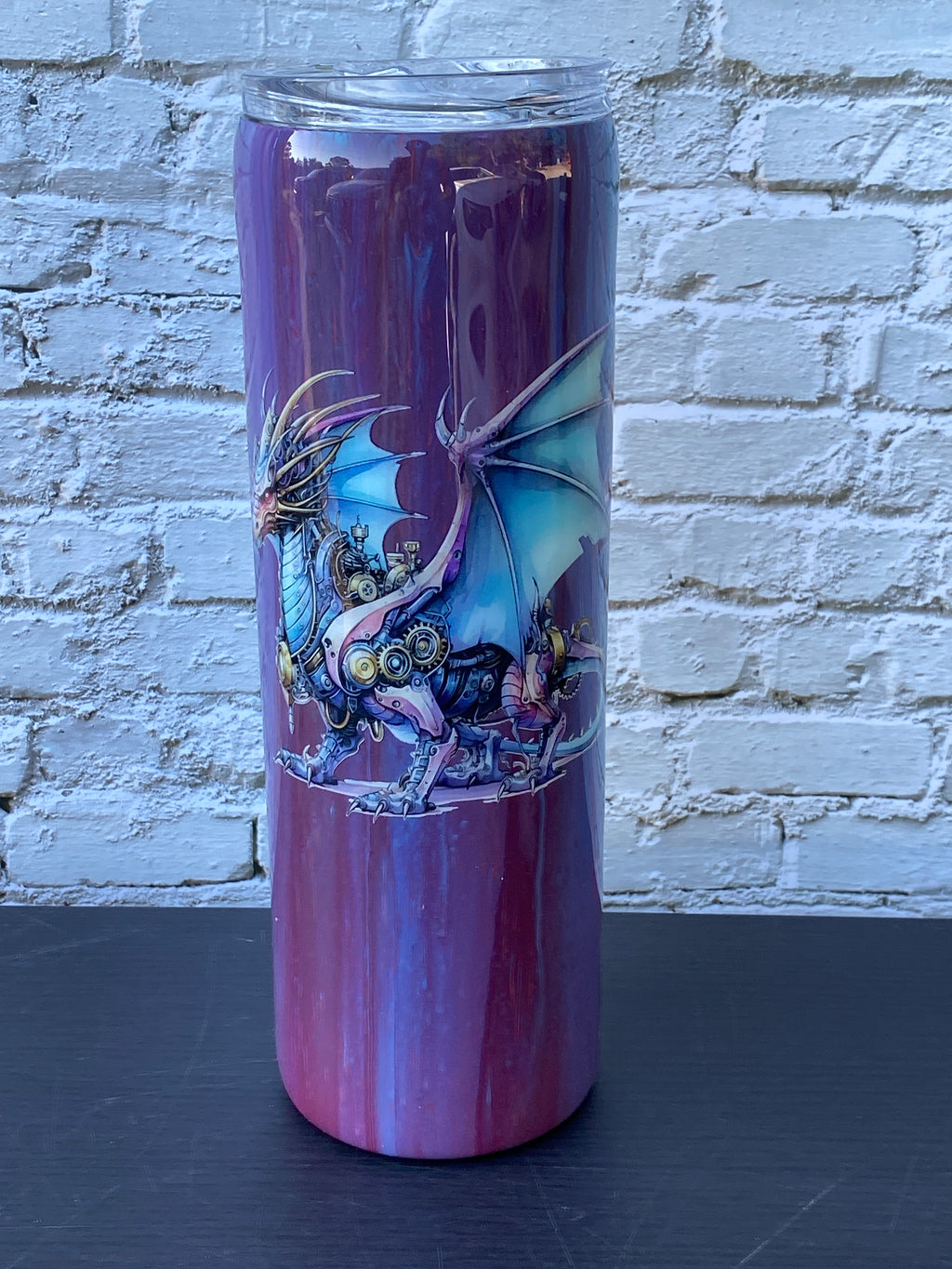 Custom Painted Maroon Blue Swirl Dragon Stainless Skinny Tumbler w/Sliding Lid and Straw- 30 Oz