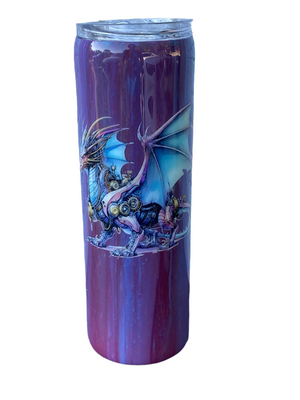 Custom Painted Maroon Blue Swirl Dragon Stainless Skinny Tumbler w/Sliding Lid and Straw- 30 Oz