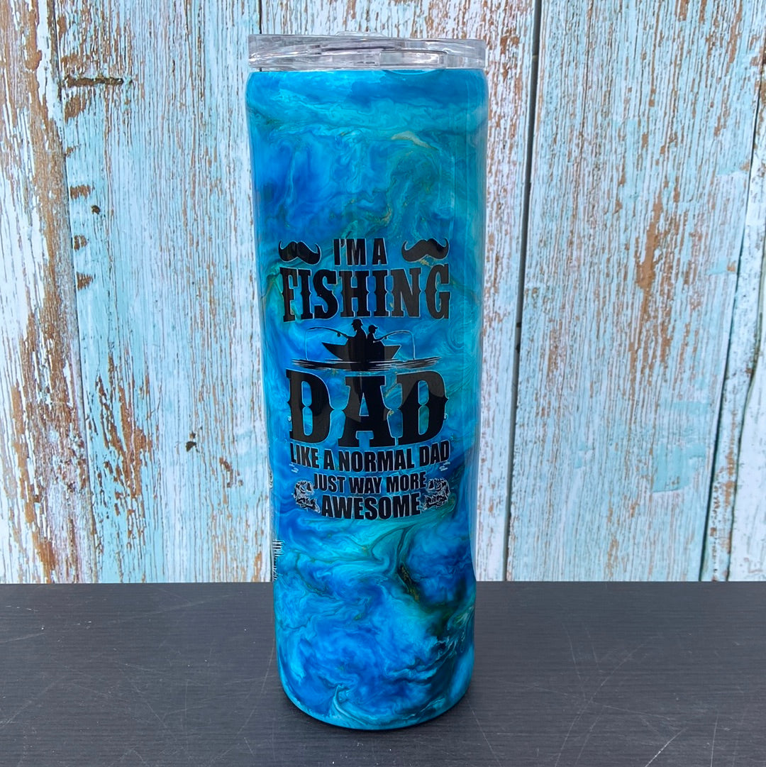 Custom Painted Blue Fishing Dad Stainless Skinny Tumbler w/Sliding Lid and Straw- 30 Oz