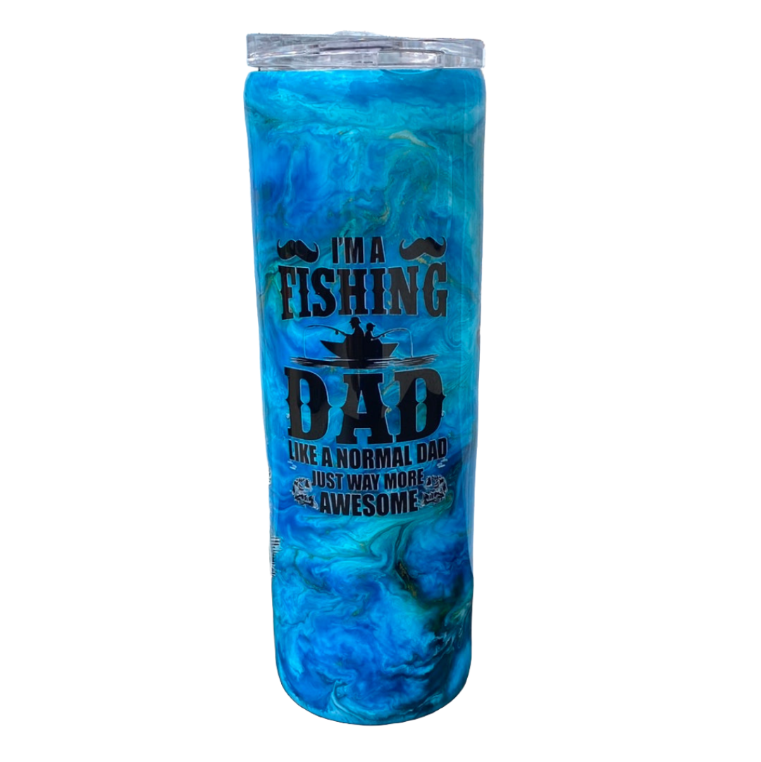 Custom Painted Blue Fishing Dad Stainless Skinny Tumbler w/Sliding Lid and Straw- 30 Oz