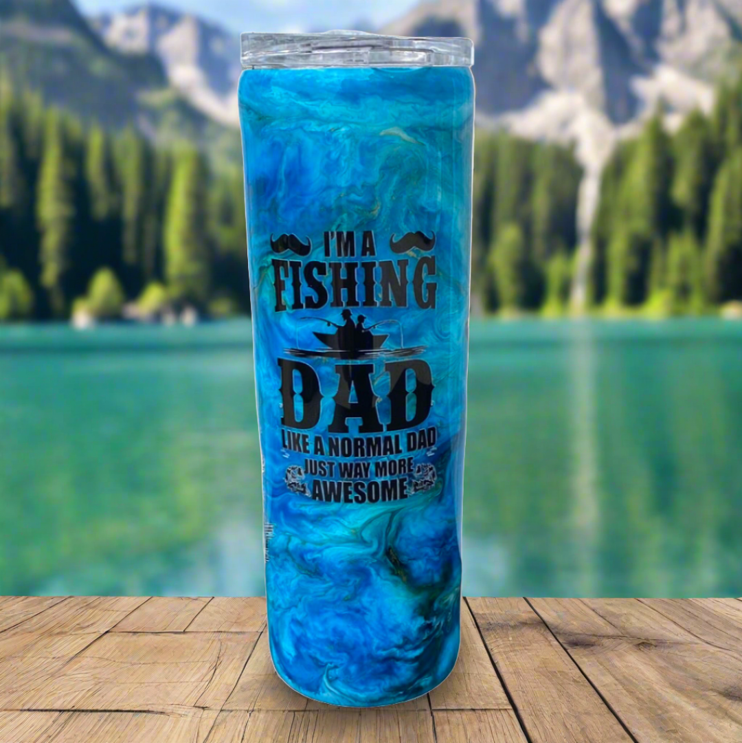 Custom Painted Blue Fishing Dad Stainless Skinny Tumbler w/Sliding Lid and Straw- 30 Oz