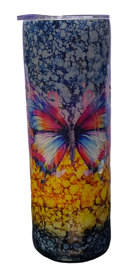 Custom Painted Blue Yellow Butterfly Stainless Skinny Tumbler w/Sliding Lid and Straw- 20 Oz