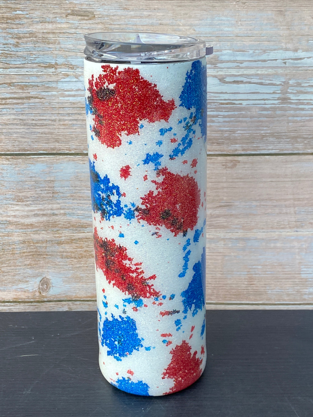 Custom Painted Blue Red Black Cow Stainless Skinny Tumbler w/Sliding Lid and Straw- 30 Oz