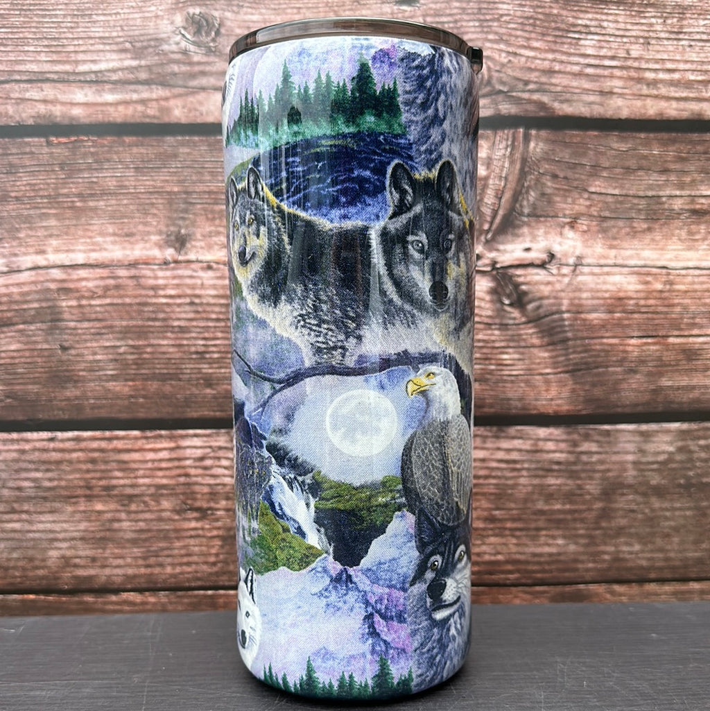 Hand Painted Wolves Eagles Swirl Stainless Fatty Tumbler w/Sliding Lid and Straw- 30 Oz