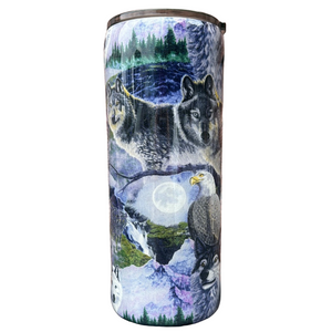 Hand Painted Wolves Eagles Swirl Stainless Fatty Tumbler w/Sliding Lid and Straw- 30 Oz