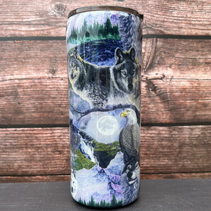 Hand Painted Wolves Eagles Swirl Stainless Fatty Tumbler w/Sliding Lid and Straw- 30 Oz