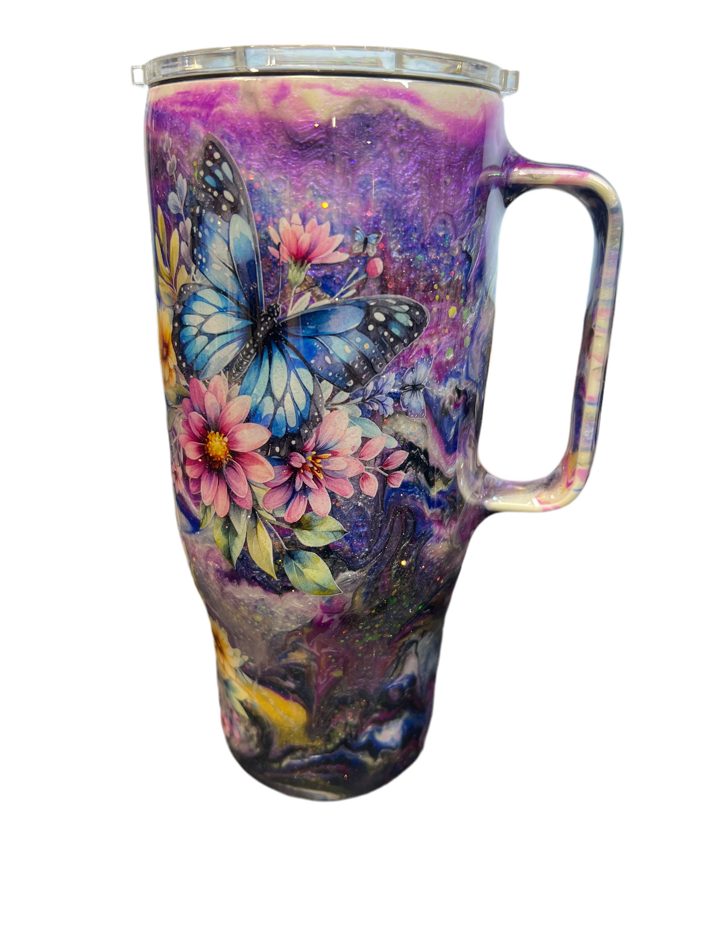 Hand Painted Best Mom Butterfly Stainless Steel Handle Curved Tumbler w/Sliding Lid and Straw- 24 Oz