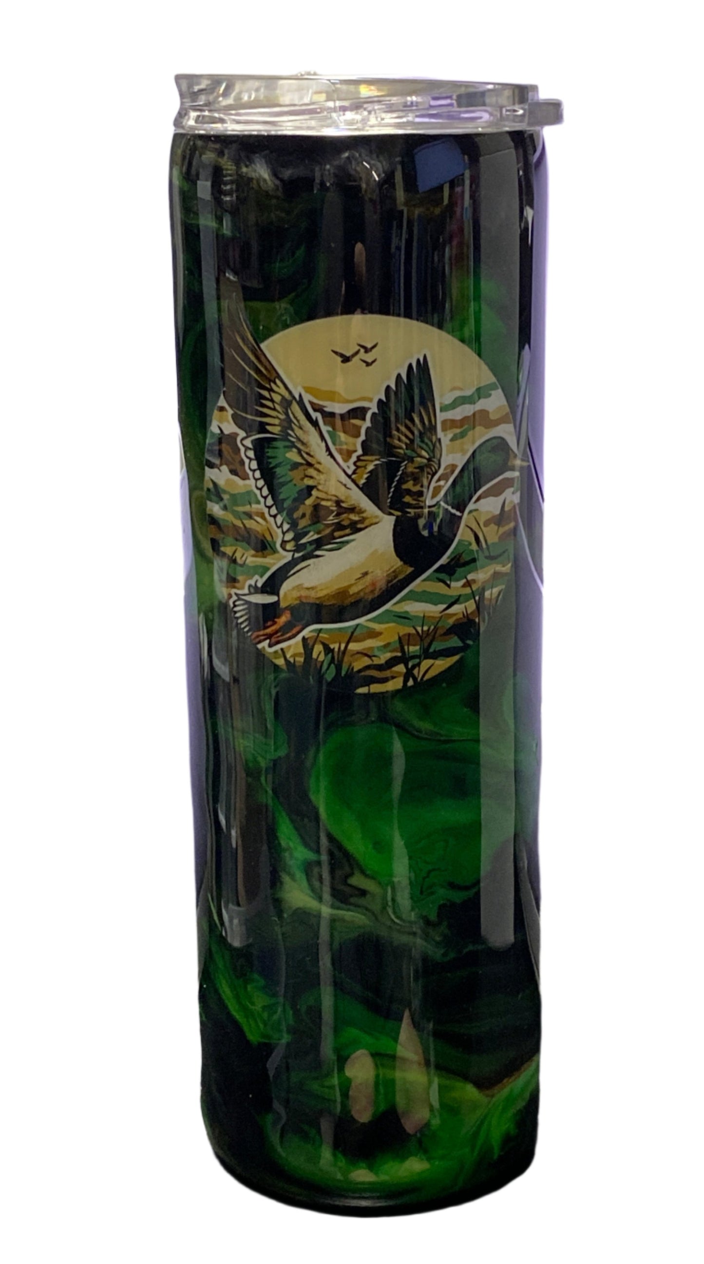 Custom Painted Green Swirl Duck Stainless Skinny Tumbler w/Sliding Lid and Straw- 30 Oz