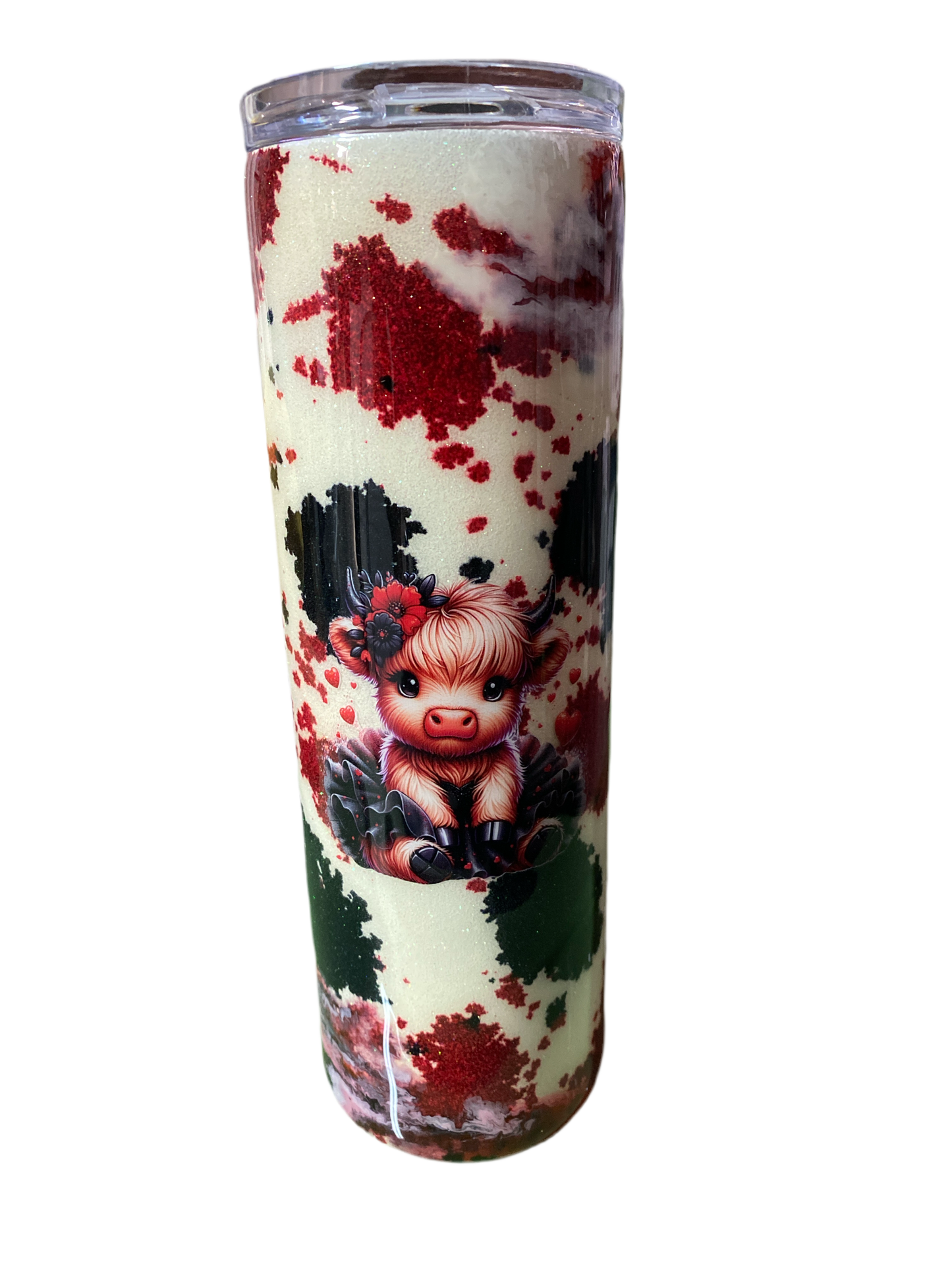 Custom Painted Red Spotted Cow Stainless Skinny Tumbler w/Sliding Lid and Straw- 30 Oz