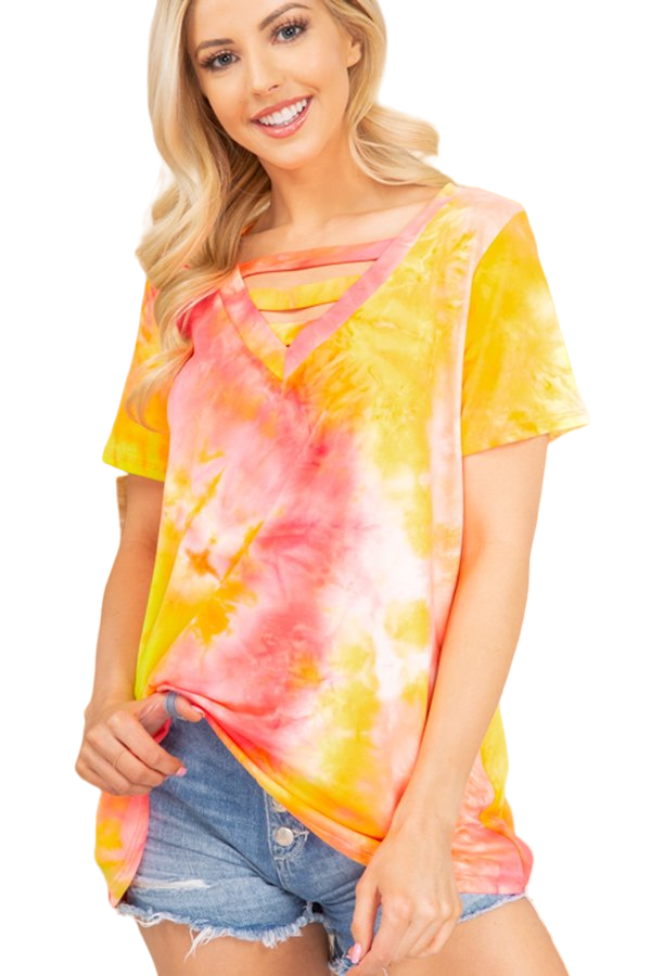 SHORT SLEEVE V NECK WITH BAR DETAIL MULTI COLOR TIE DYE PRINT TOP