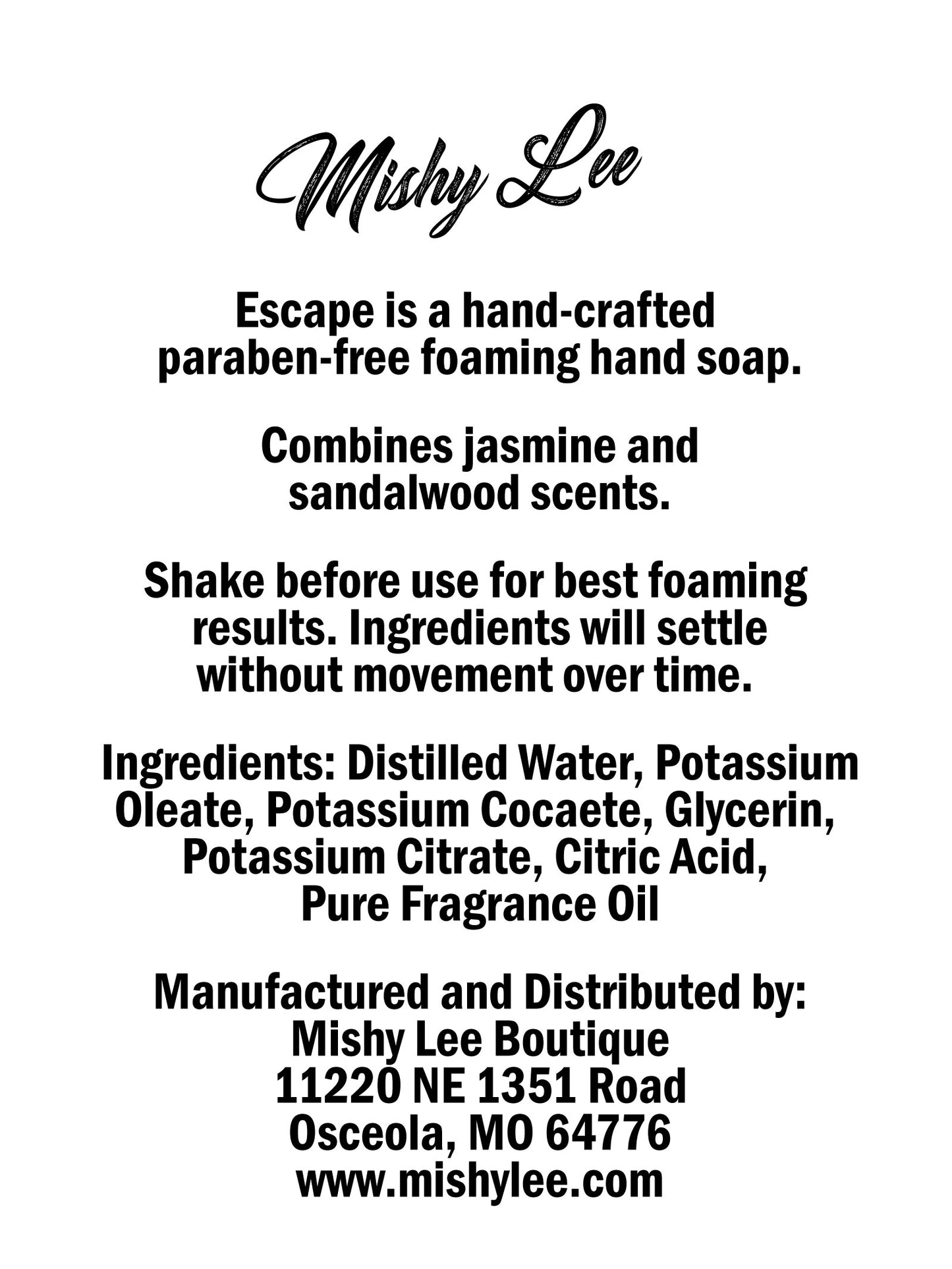 Escape 8 Oz - Mishy Lee Foaming Hand Soap