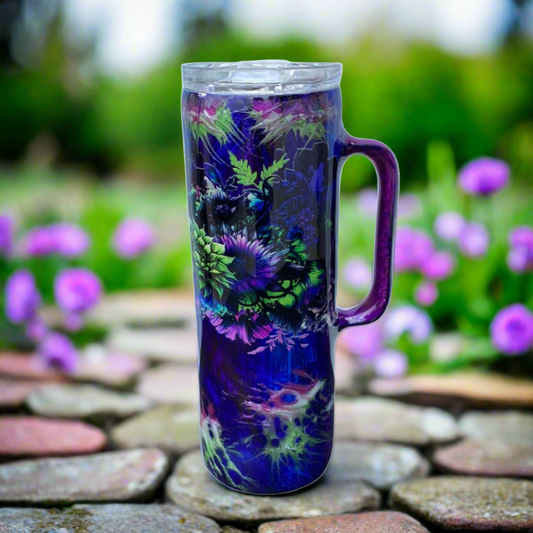 Hand Painted Purple Floral Stainless Steel Handle Tumbler w/Sliding Lid and Straw- 20 Oz