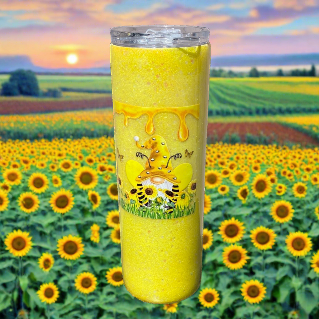 Custom Painted Bee Gnomes Stainless Skinny Tumbler w/Sliding Lid and Straw- 30 Oz