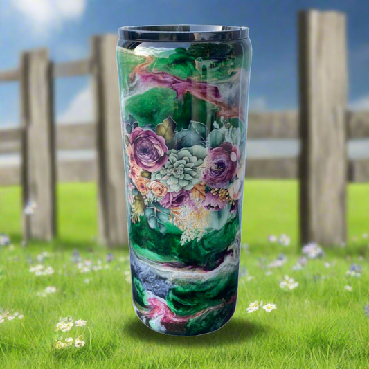 Hand Painted Green Floral Stainless Fatty Tumbler w/Sliding Lid and Straw- 30 Oz