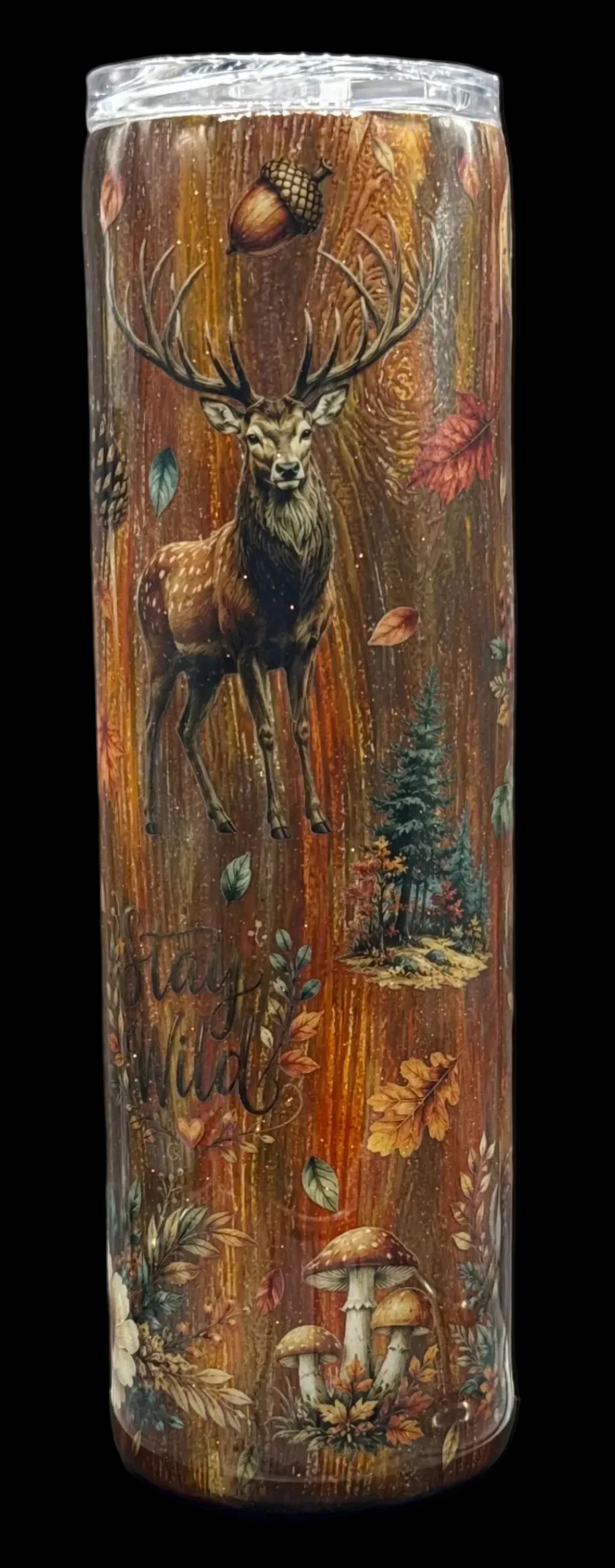 Custom Painted Stay Wild Woodland Fall Stainless Skinny Tumbler w/Sliding Lid and Straw- 35 Oz