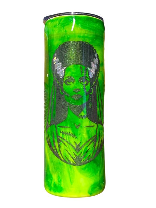 Custom Painted Halloween Frank and Bride Stainless Skinny Tumbler w/Sliding Lid and Straw- 20 Oz