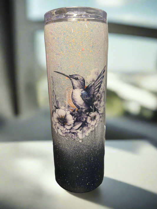 Custom Painted Black/White Hummingbird Stainless Tumbler w/Sliding Lid and Straw- 30 Oz