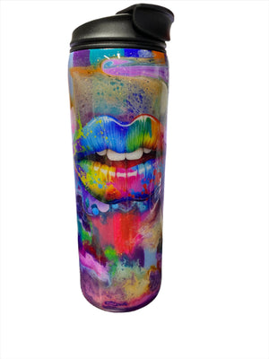 Custom Painted Color Lips Stainless Skinny Tumbler w/Dual Flip Lid - 18 Oz