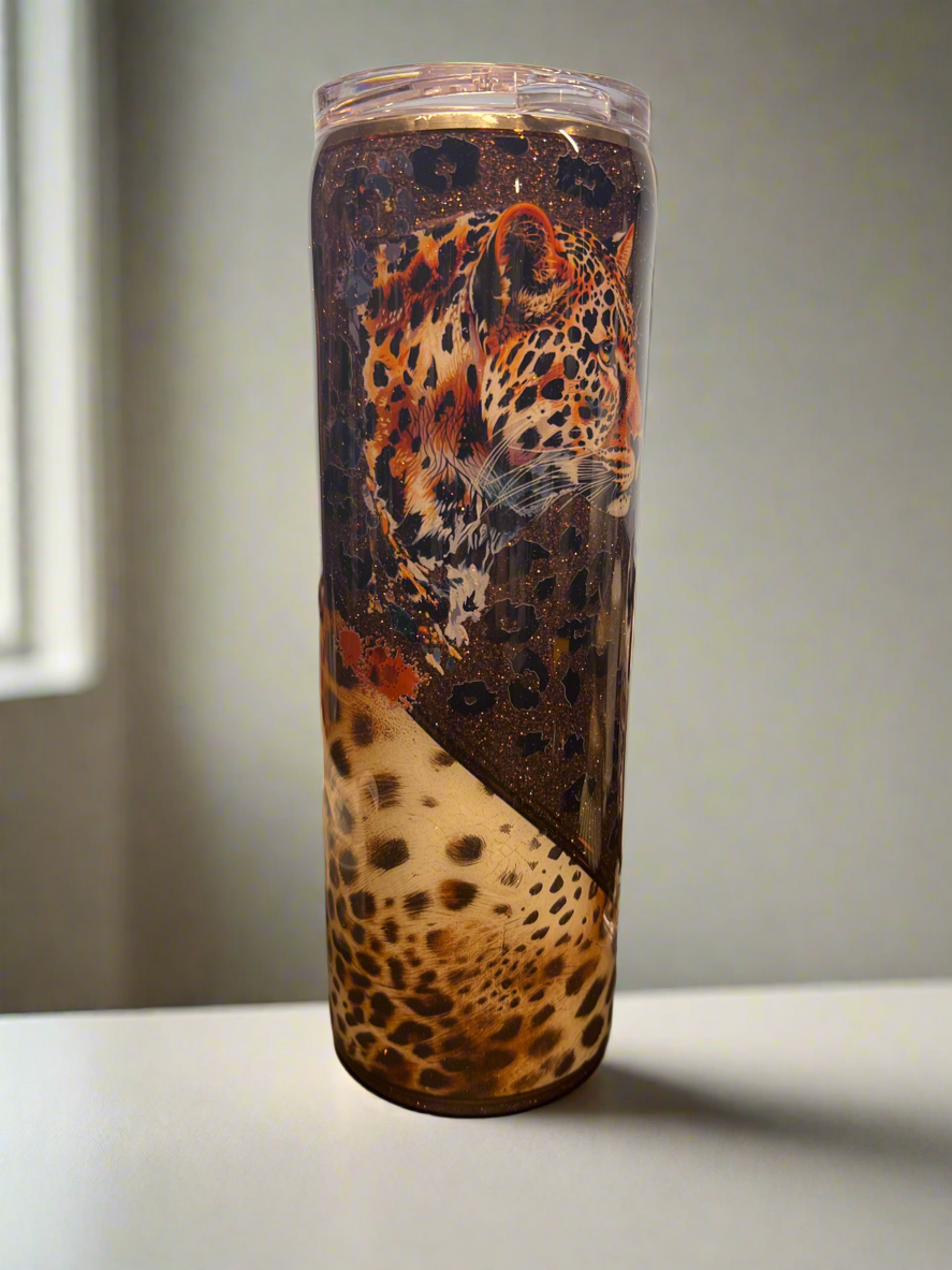 Custom Painted Brown Cheetah Stainless Tumbler w/Sliding Lid and Straw- 30 Oz