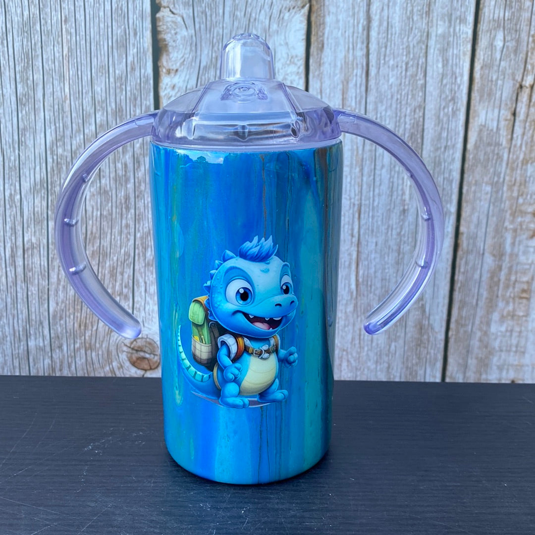 Custom Hand-Painted Cute Blue Dino with Sippy Lid - 14 Oz