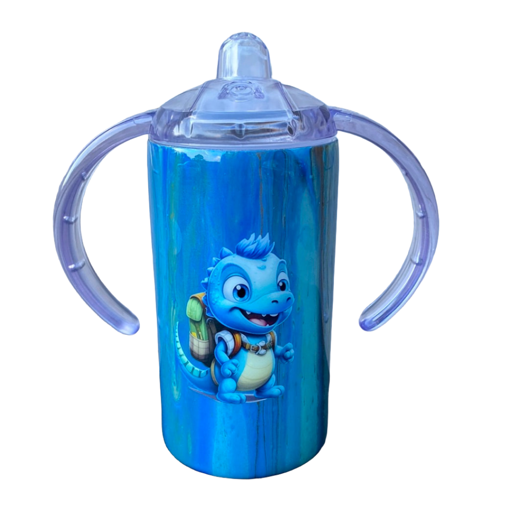 Custom Hand-Painted Cute Blue Dino with Sippy Lid - 14 Oz