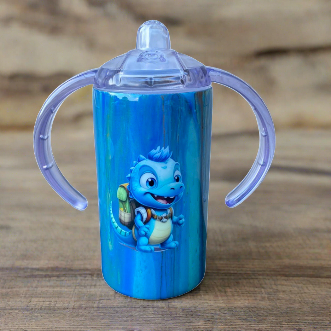 Custom Hand-Painted Cute Blue Dino with Sippy Lid - 14 Oz