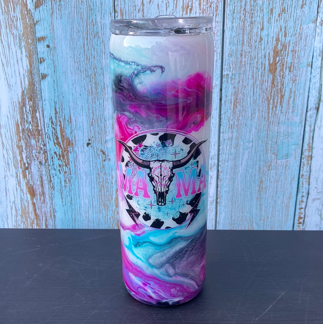 Custom Painted MAMA Skull Stainless Skinny Tumbler w/Sliding Lid and Straw- 30 Oz