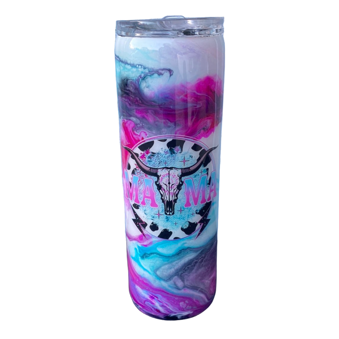 Custom Painted MAMA Skull Stainless Skinny Tumbler w/Sliding Lid and Straw- 30 Oz