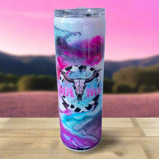 Custom Painted MAMA Skull Stainless Skinny Tumbler w/Sliding Lid and Straw- 30 Oz