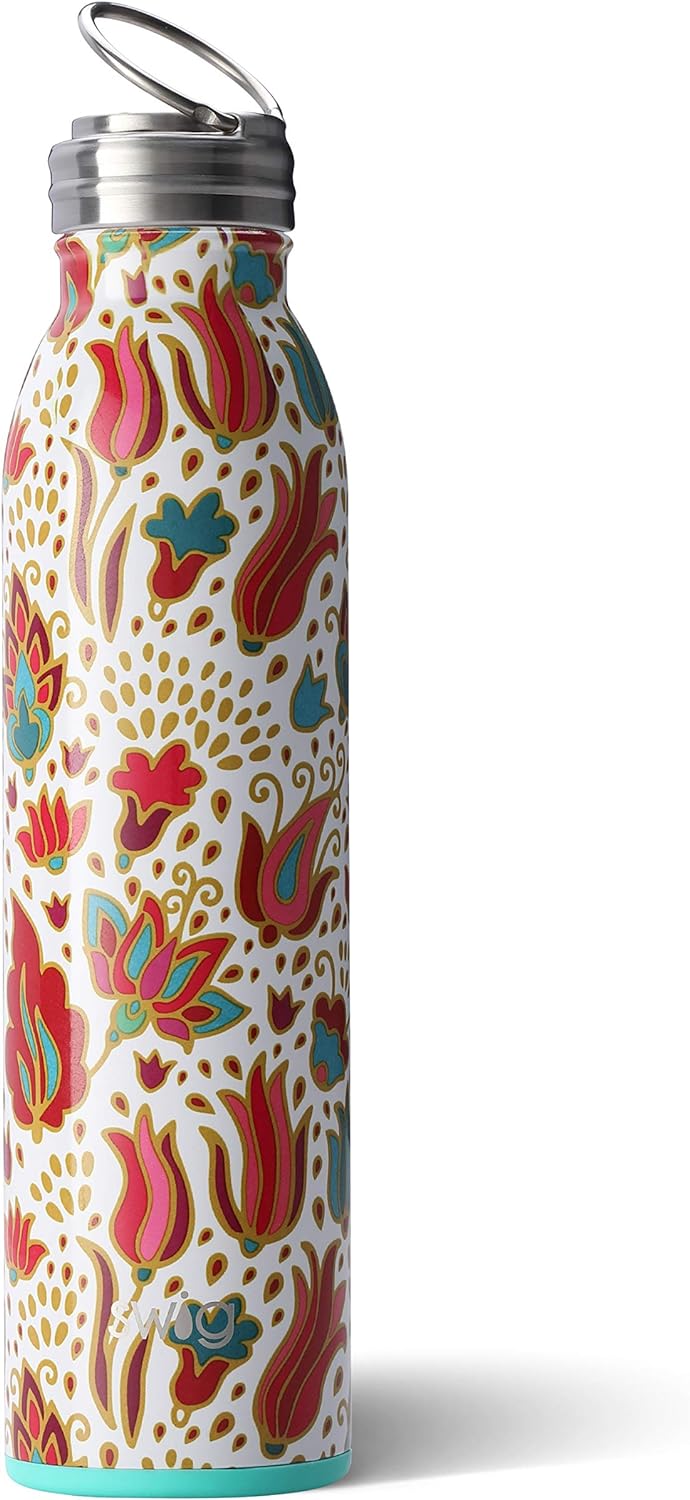 Swig Life 20oz Triple Insulated Stainless Steel Water Bottle with Ring Flip Handle, Dishwasher Safe, Double Wall, & Vacuum Sealed Reusable Water Tumbler (Multiple Patterns Available) (Fancy Floral)