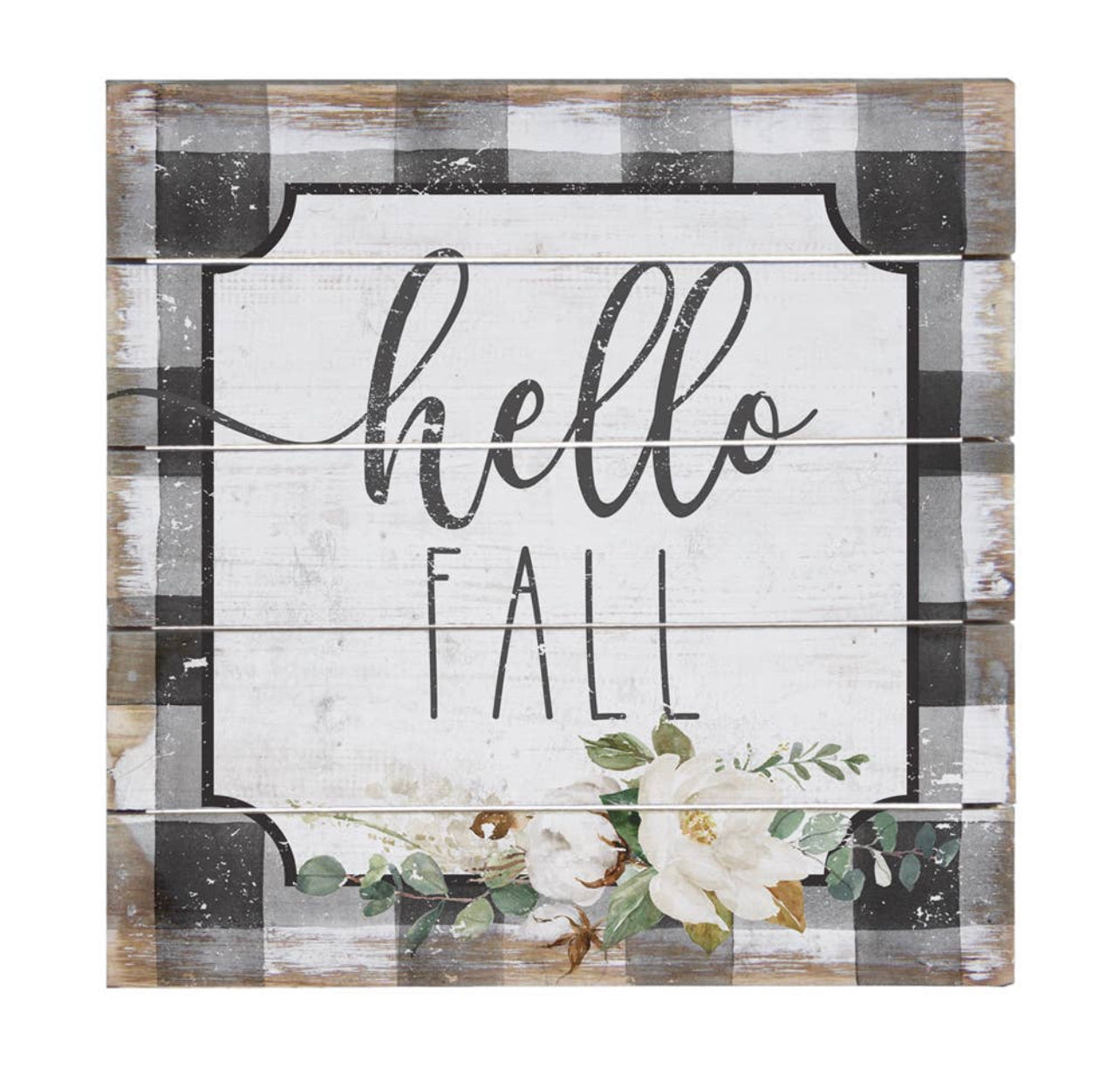 Hello Fall B/W Plaid Sign