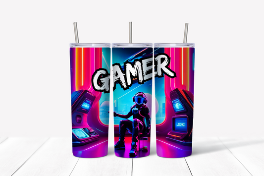 Gamer Skinny Tumbler w/Sliding Lid and Straw- 20 Oz