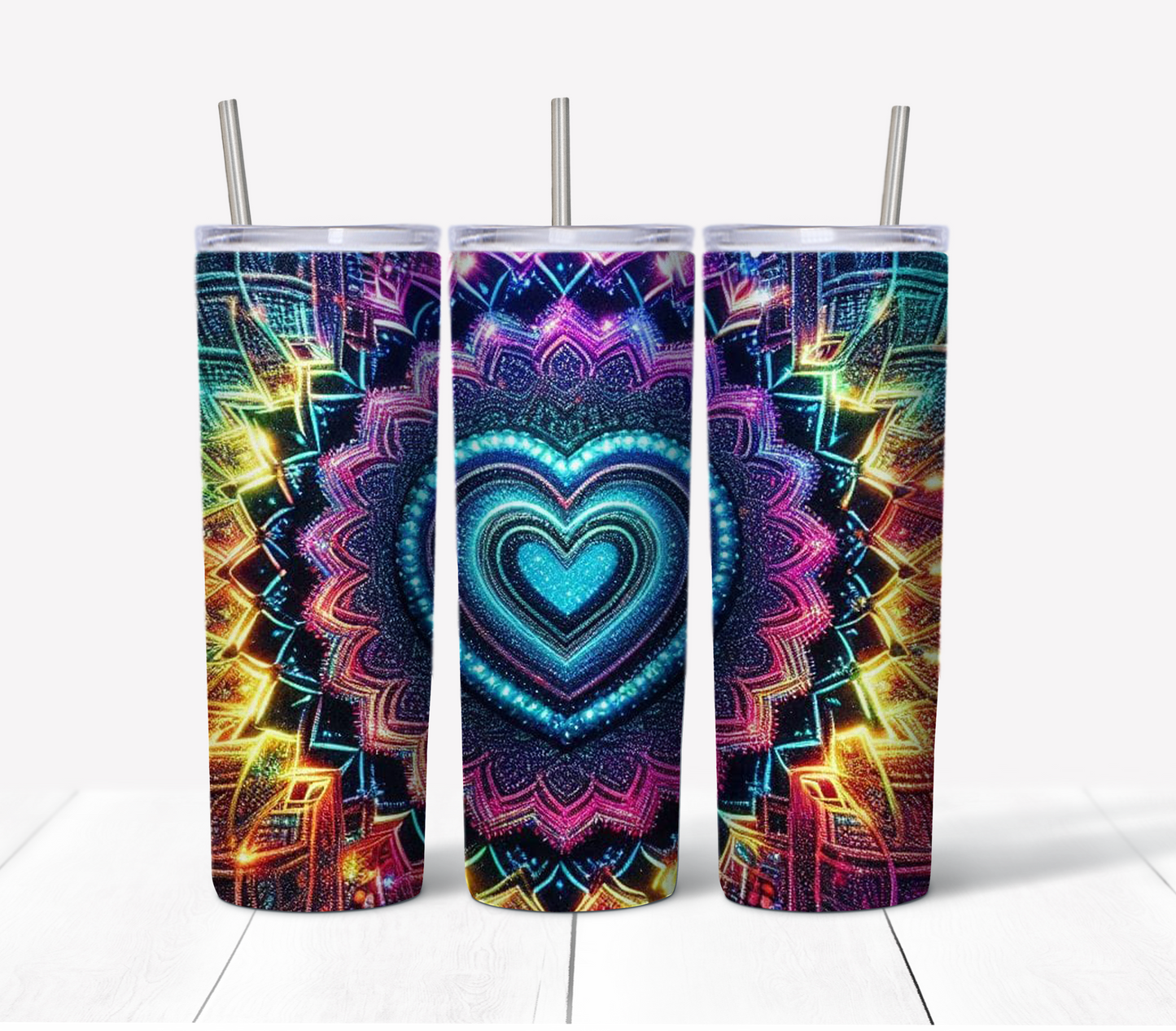 Heart Mandala Glitter Skinny Tumbler w/Sliding Lid and Straw- 25 Oz