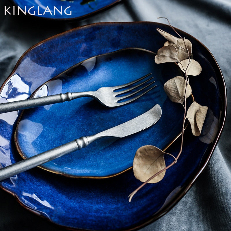 KINGLANG 1/2/4 Pcs Ceramic Plates Handmade Pottery Dinnerware