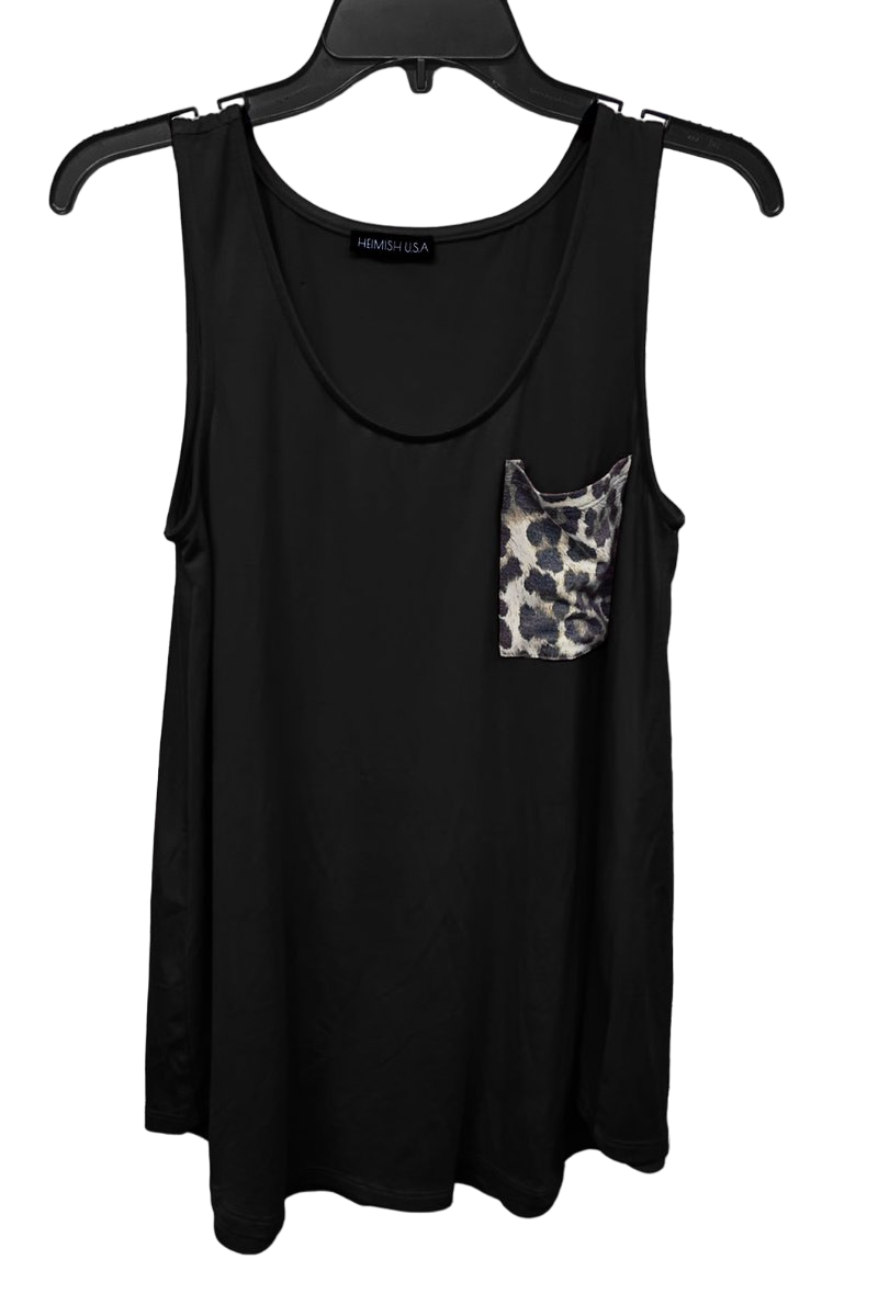 SLEEVELESS ROUND NECK SOLID TOP WITH LEOPARD PRINT POCKET DETAIL