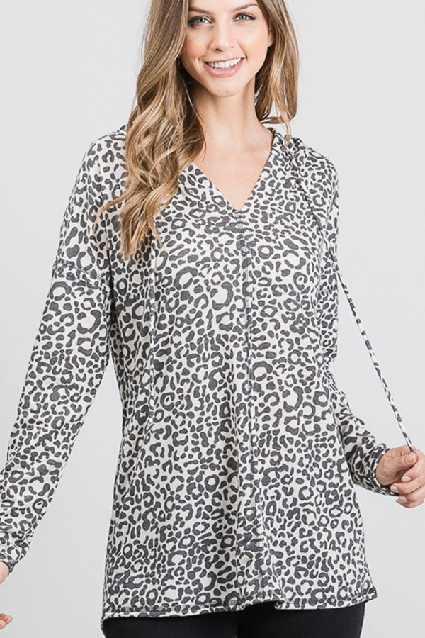 LONG SLEEVE V NECK ANIMAL PRINT HOODED TOP WITH STITCH DETAIL