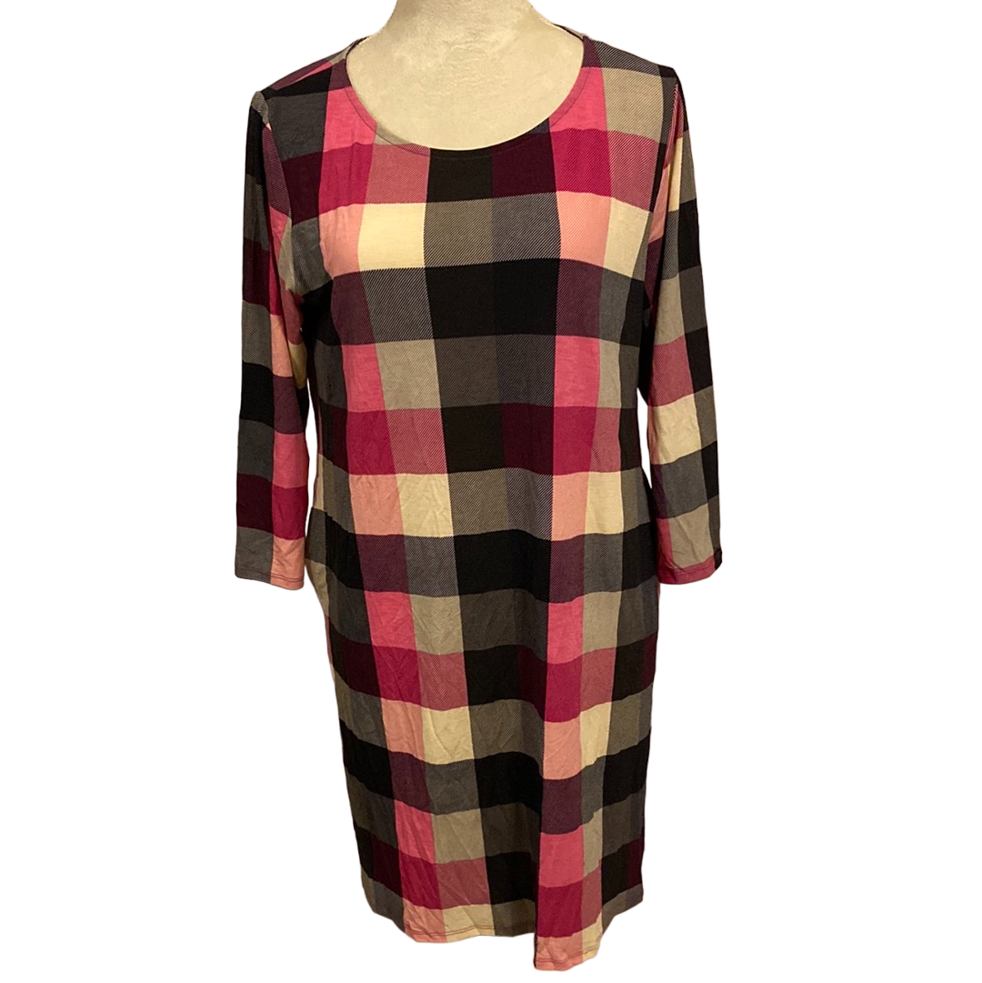 3/4 SLEEVE PLAID PRINT DRESS WITH SIDE POCKET