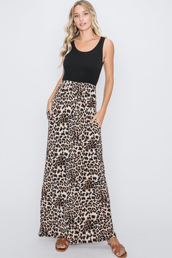 SLEEVELESS SOLID AND ANIMAL PRINT CONTRAST MAXI DRESS WITH SIDE POCKET